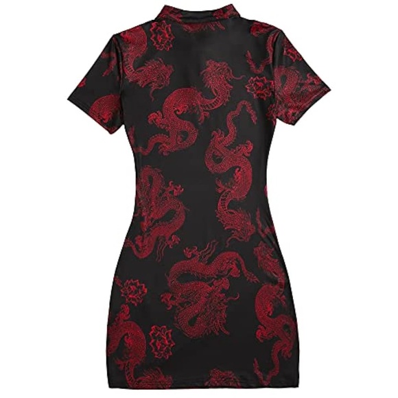 Shein Chinese Dragon Print Side Slit Qipao Dress, Sizes S & M - Picture 13 of 16